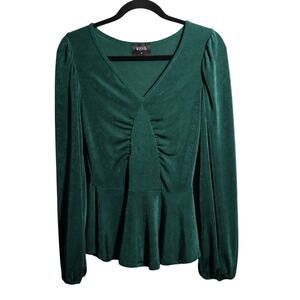 Emerald Green Blouse Slinky V Neck Ruched Peplum Long Sleeve Top Holiday M Shirt